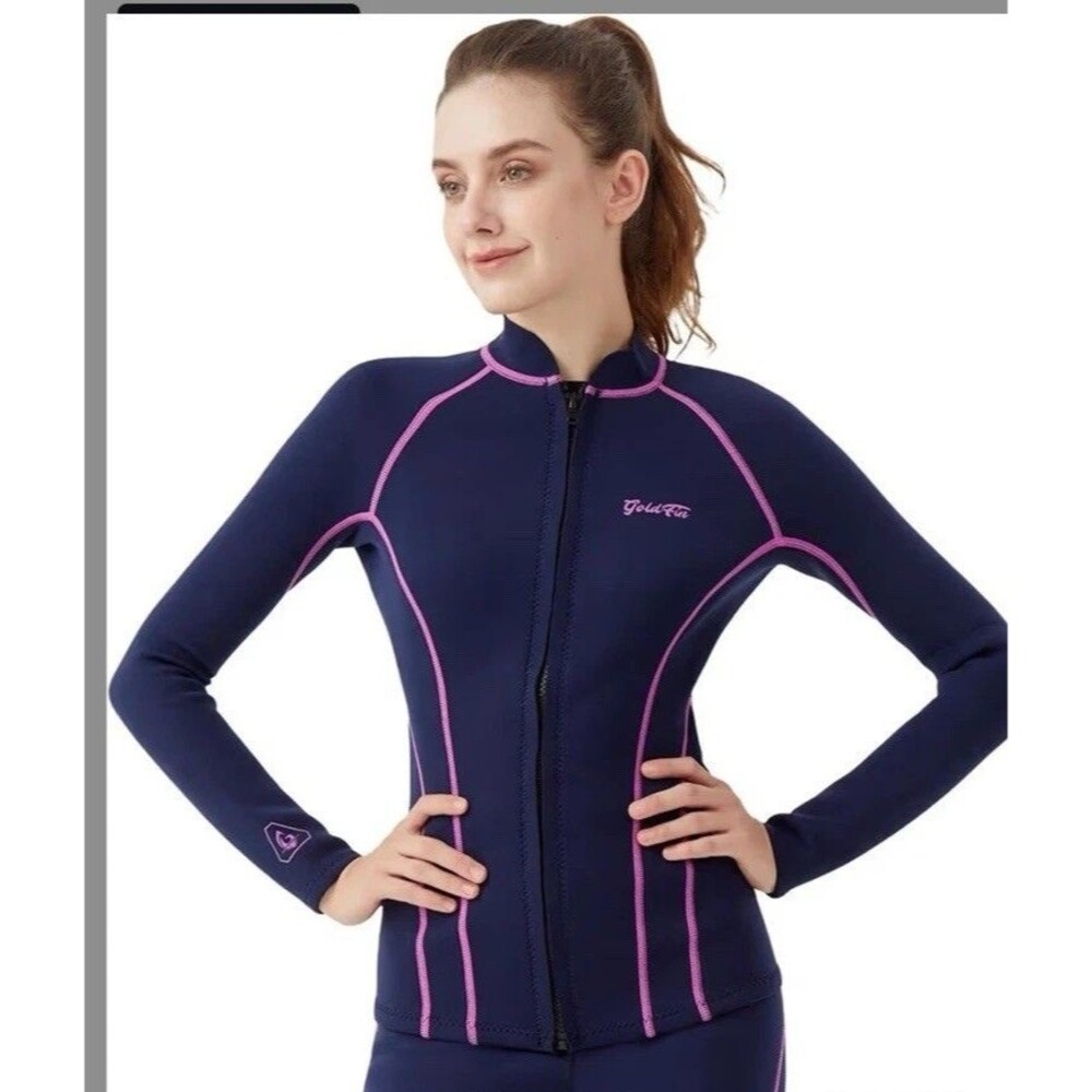 Women's Navy Long-Sleeve Front-Zip Rash Guard with Pink Trim